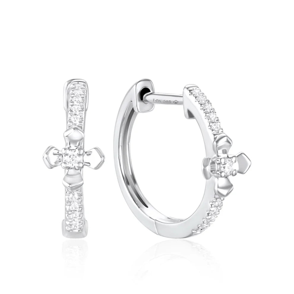 Classic hoops with cross pave design. The intricate design makes for an eye-catching touch