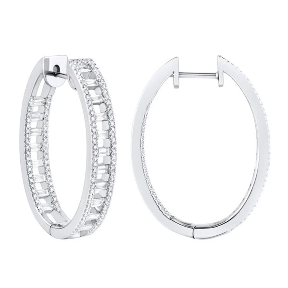 14k diamond hoops with a baguette cute design. Small diamonds around the hoop for a stylish look.