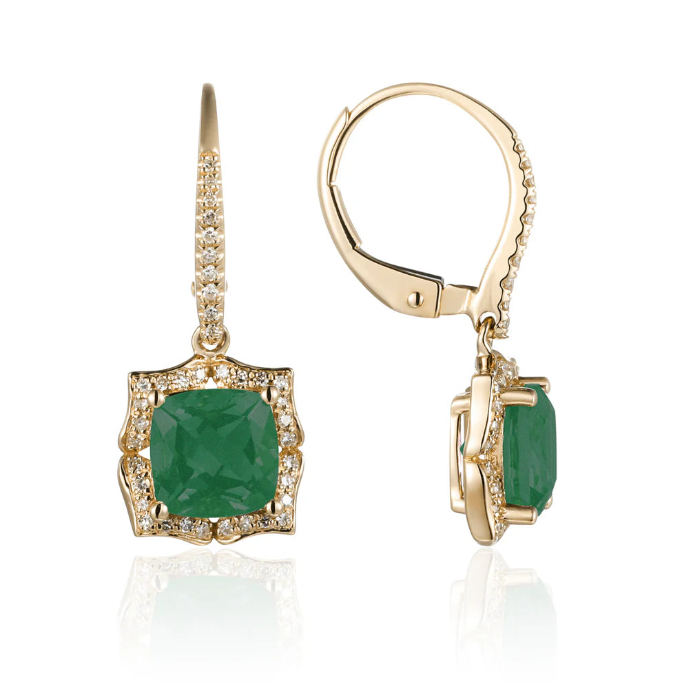 Cushion cut earrings crafted in 14k center gemstone with a vintage diamond halo design.