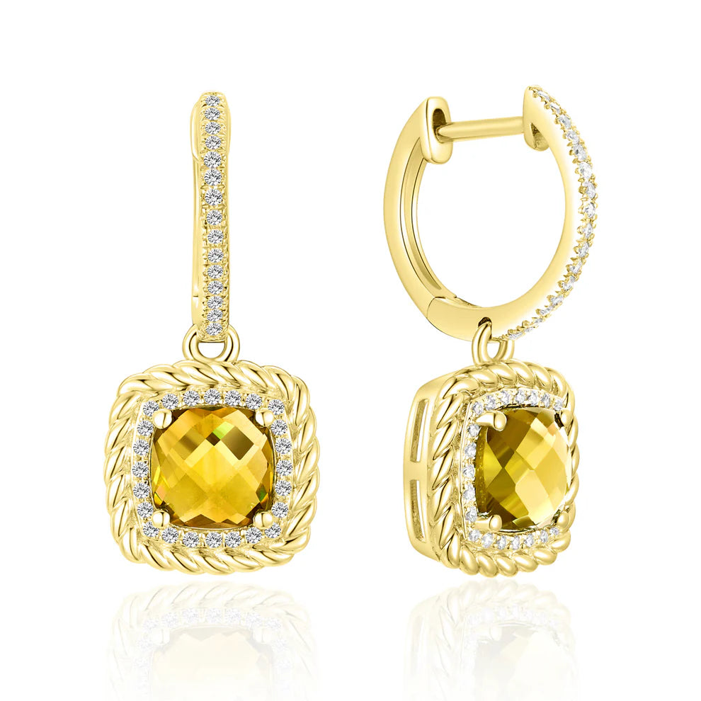 Braided Cushion Cut Earring, gemstone surrounded by a halo of pave diamonds and braided perimeter