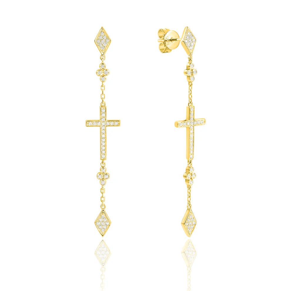 Cross Chain Earrings in a stud design for a secure dangle. Mesmerizing cross dangle.