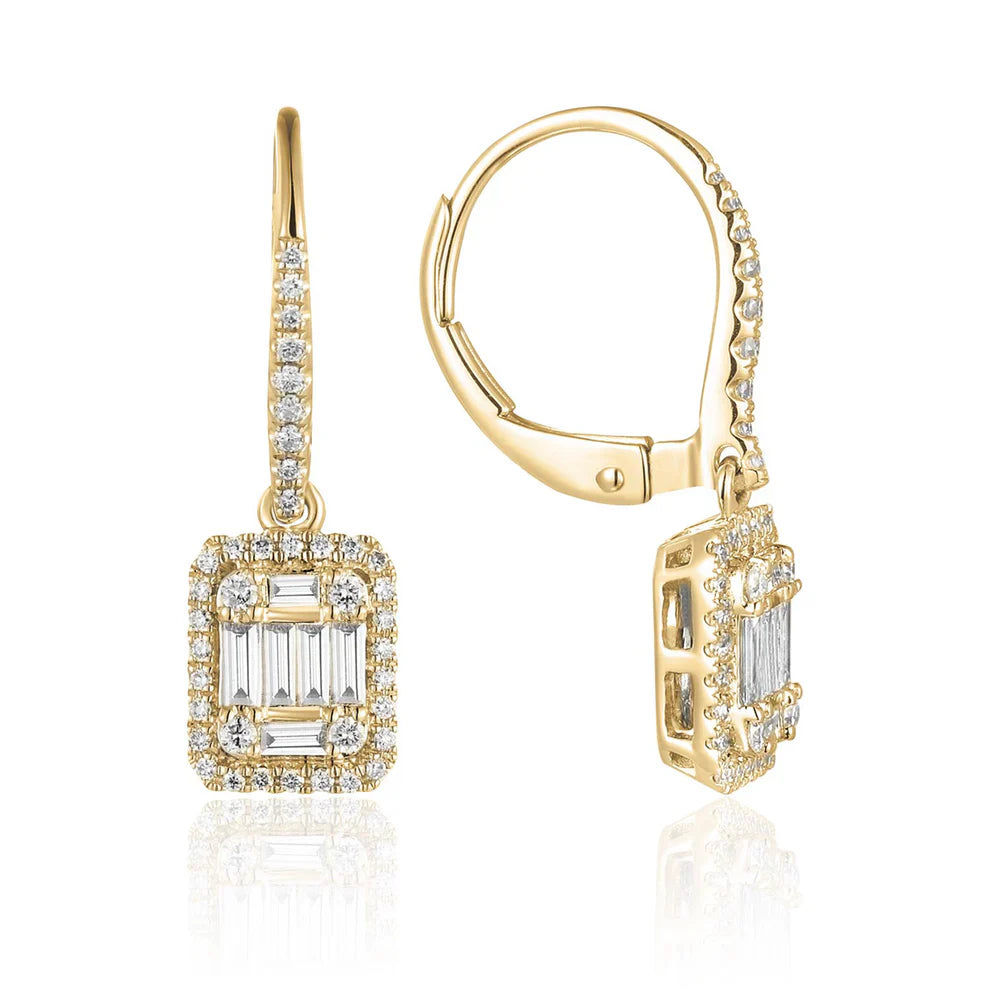Baguette Diamond Leverback earrings. Easy to wear, sturdy and secure with shimmering diamonds.