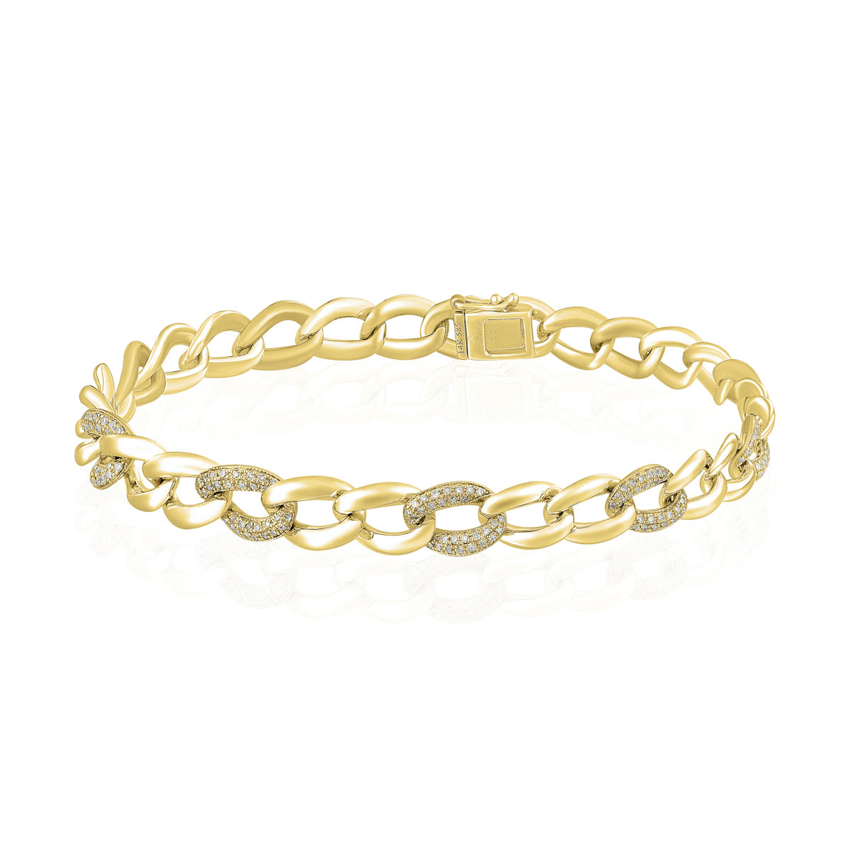Gold chain bracelet with blend of shimmering diamond pavéd links and polished white gold.