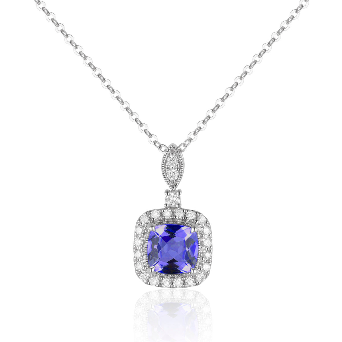 Cushion Cut Necklace displaying an intricate arrangement of diamonds and a center precious stone