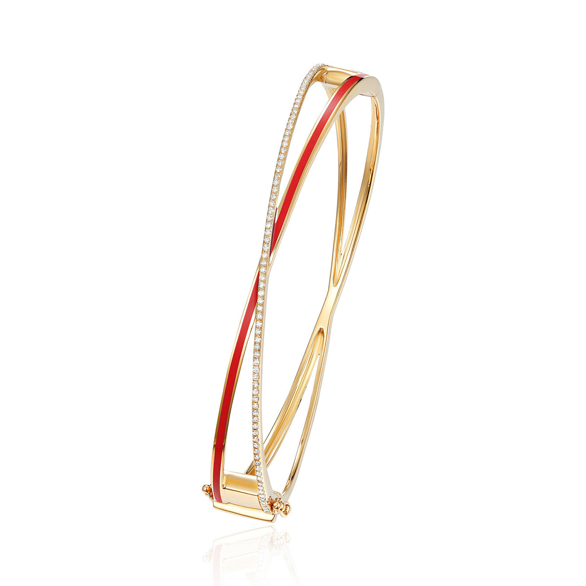 Customizable enamel bangle. Contrasting bands cross over of hinged clasp for a symmetrical form.