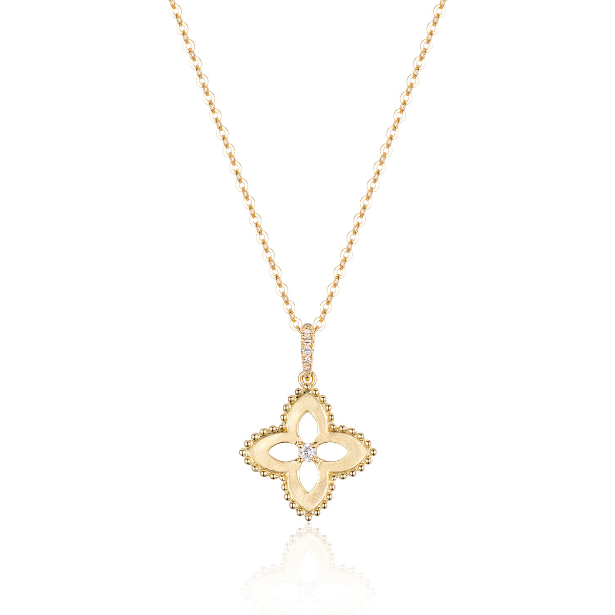 Clover design symbolizes good fortune. Embellished with sparkling diamonds and stunning beading.