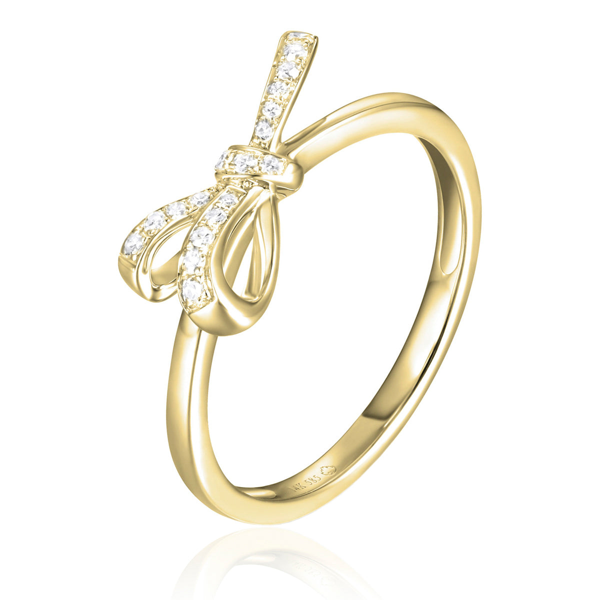 Bow diamond ring is a luminous gold band and a dainty bow set with multiple diamonds.
