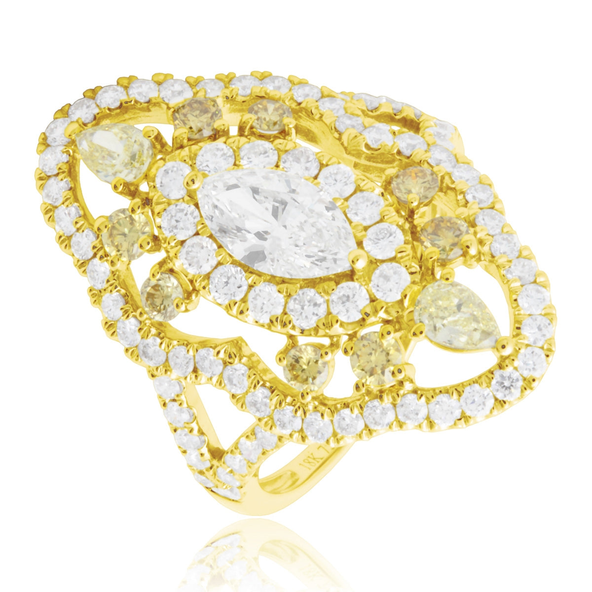 Luxurious 18k cocktail ring featuring gold and diamond. Make a statement with this piece of jewelry