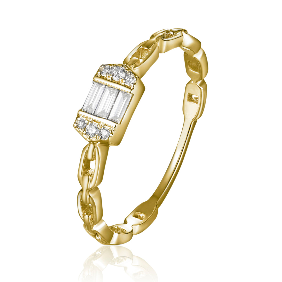 A dainty statement piece with a center baguette cut diamond with a chain link design.