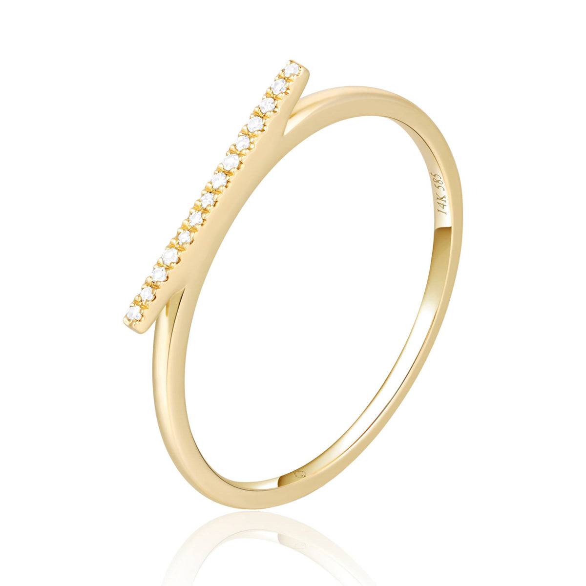 Crafted with sleek sophistication. Golden bar of alluring diamonds, showcased in polished 14K ring.