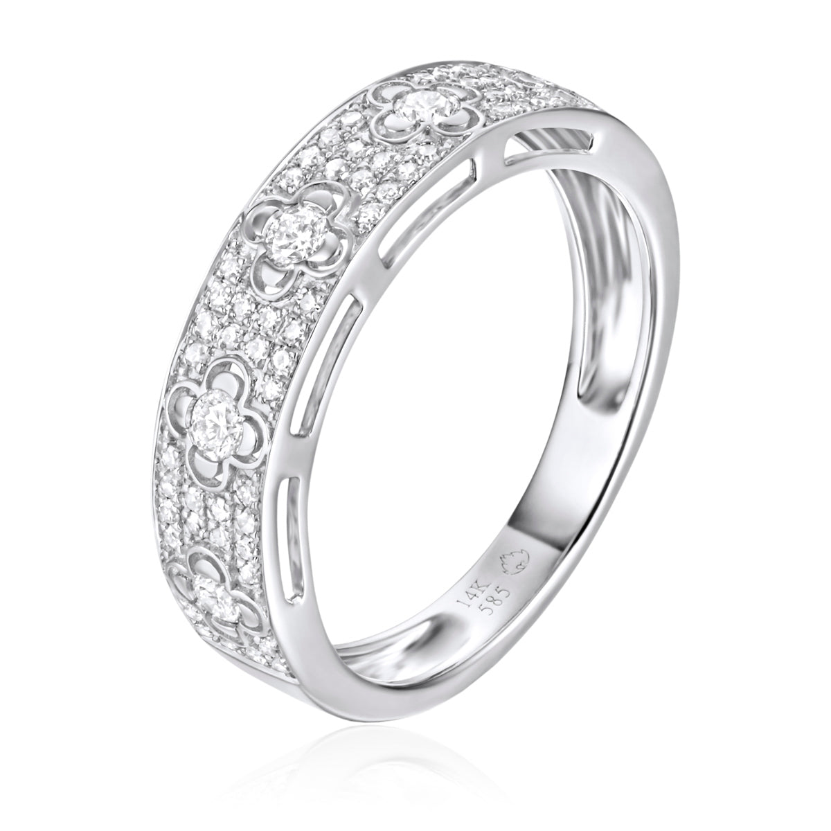 Clover Pave Ring features a delicate four-leaf clover dome design adorned with a paves diamonds