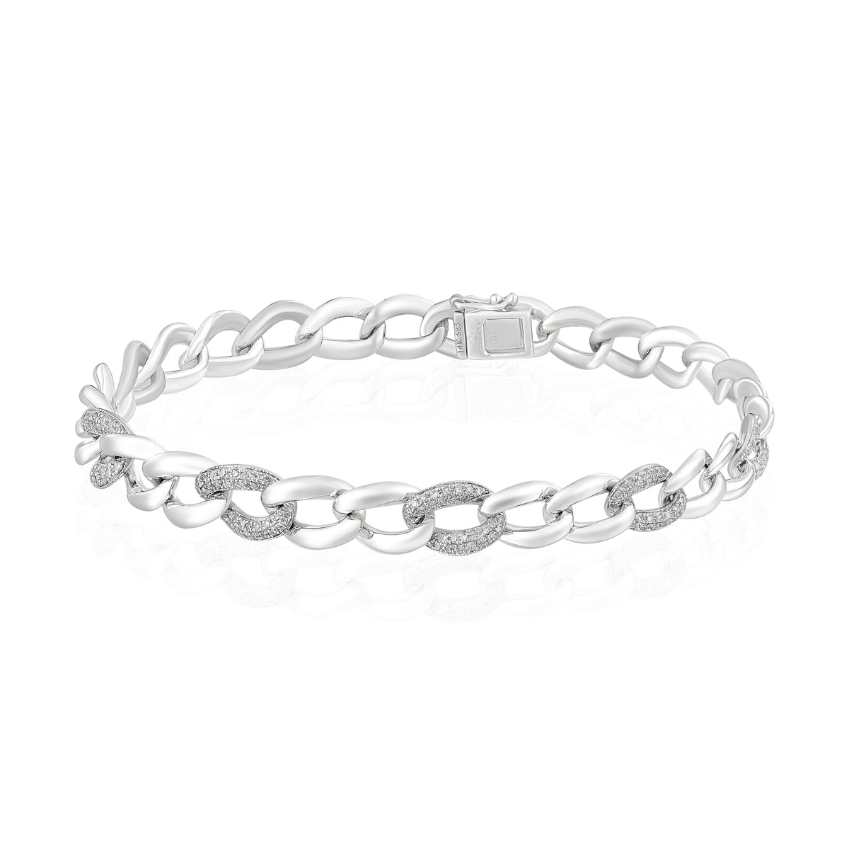 Gold chain bracelet with blend of shimmering diamond pavéd links and polished white gold.