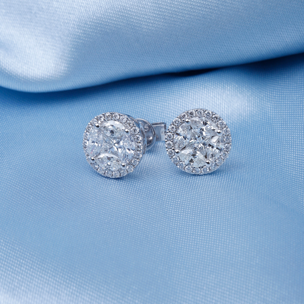 Bold fashion statement, Cluster Marquise Round Studs with different size diamonds in a bold allure