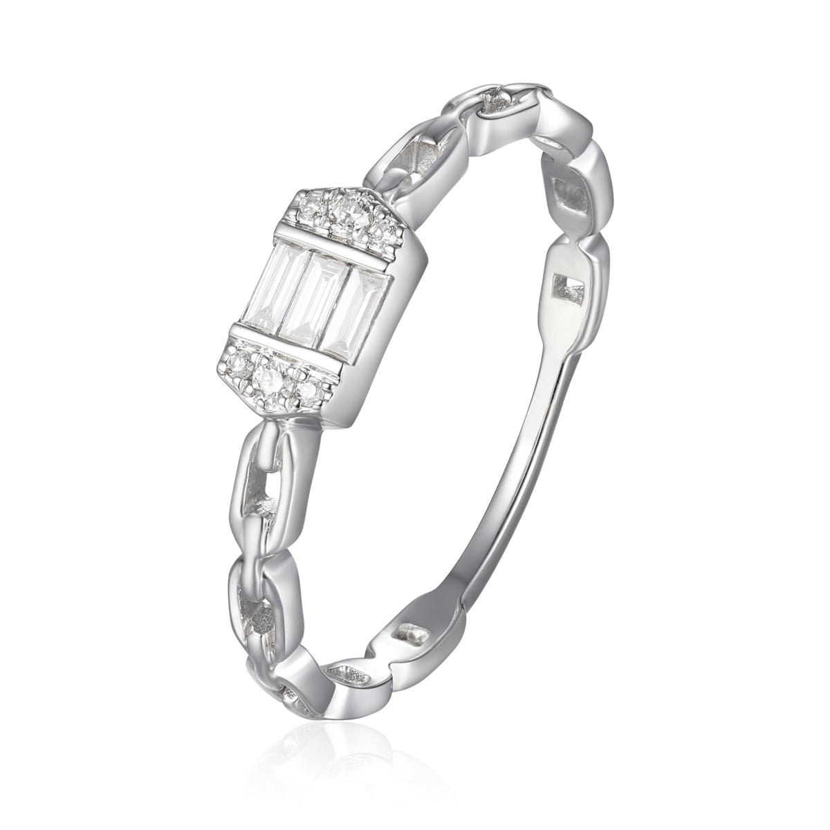 A dainty statement piece with a center baguette cut diamond with a chain link design. 