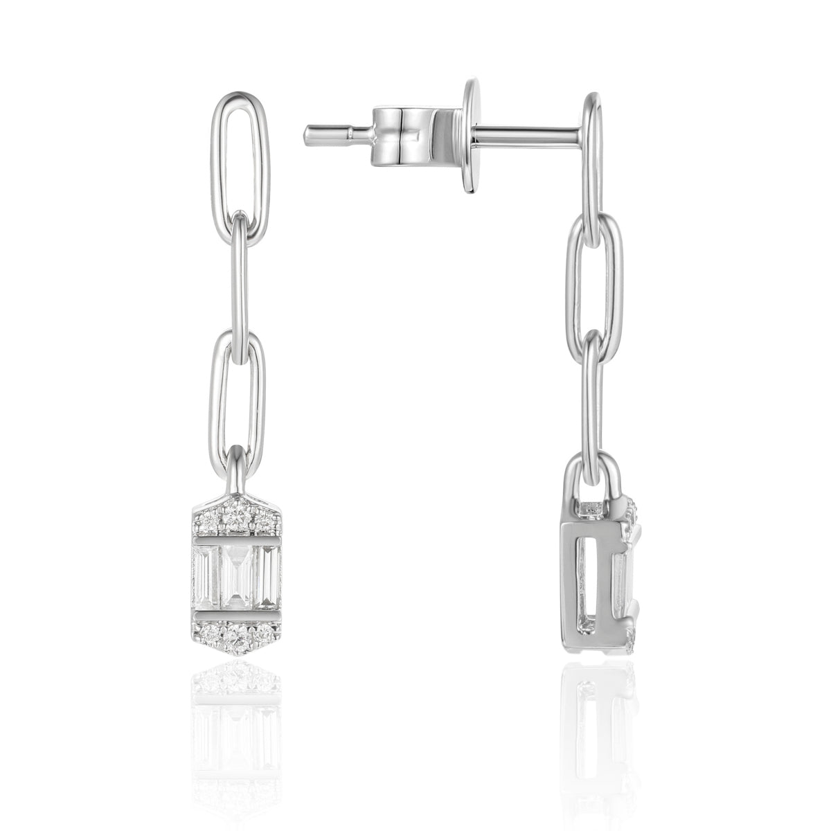 Chain Baguette Drop Earrings,  baguette-cut gemstones and delicate chain drop design.