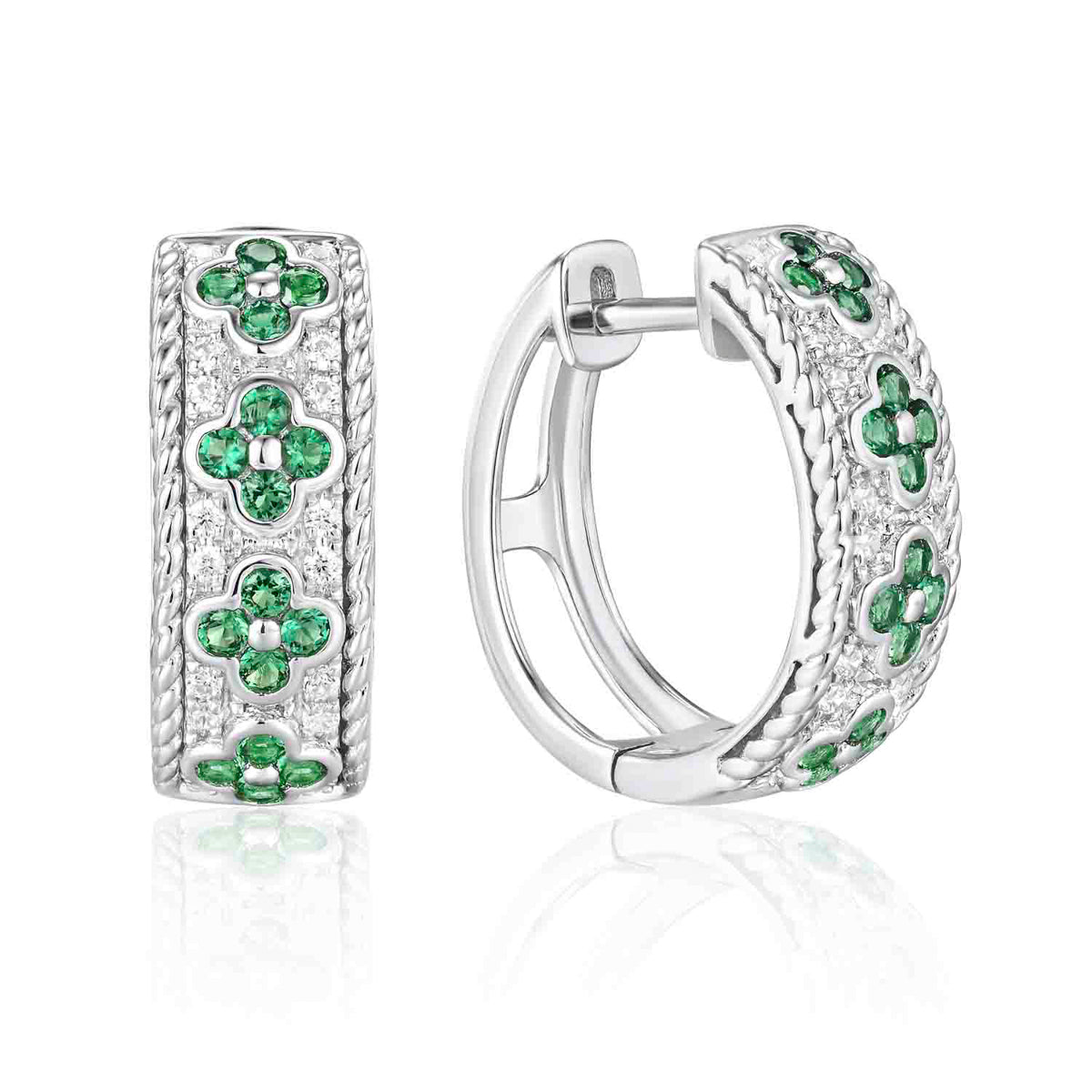 Braided Halo Clover Earrings with precious stones and pave diamonds accentuated by braided design.