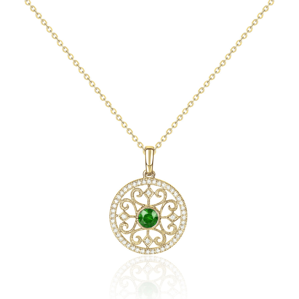 Classic necklace with a modern twist. Center precious stone with mesmerizing surrounding & diamonds
