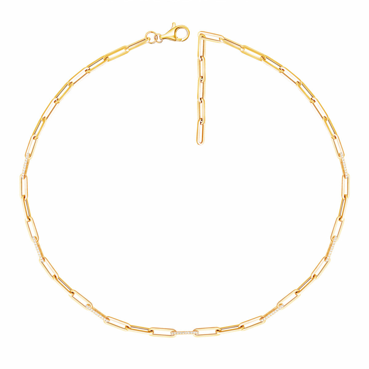 Diamond chain necklace features strand of round diamonds, set in row down center of a classic chain