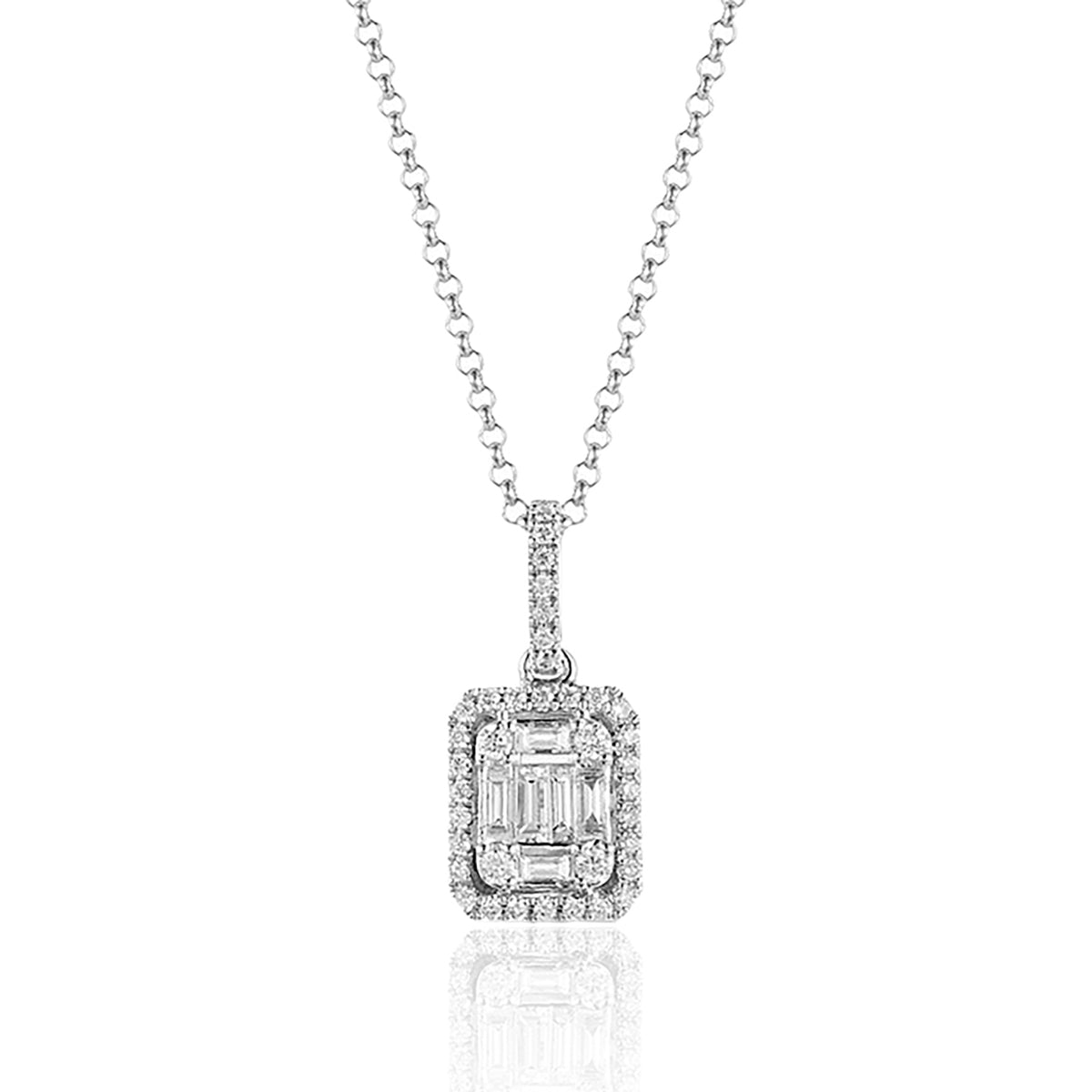 Baguette Cluster Necklace- fashioned in alluring 14k gold. Fusion of baguette-cut diamonds and gold.