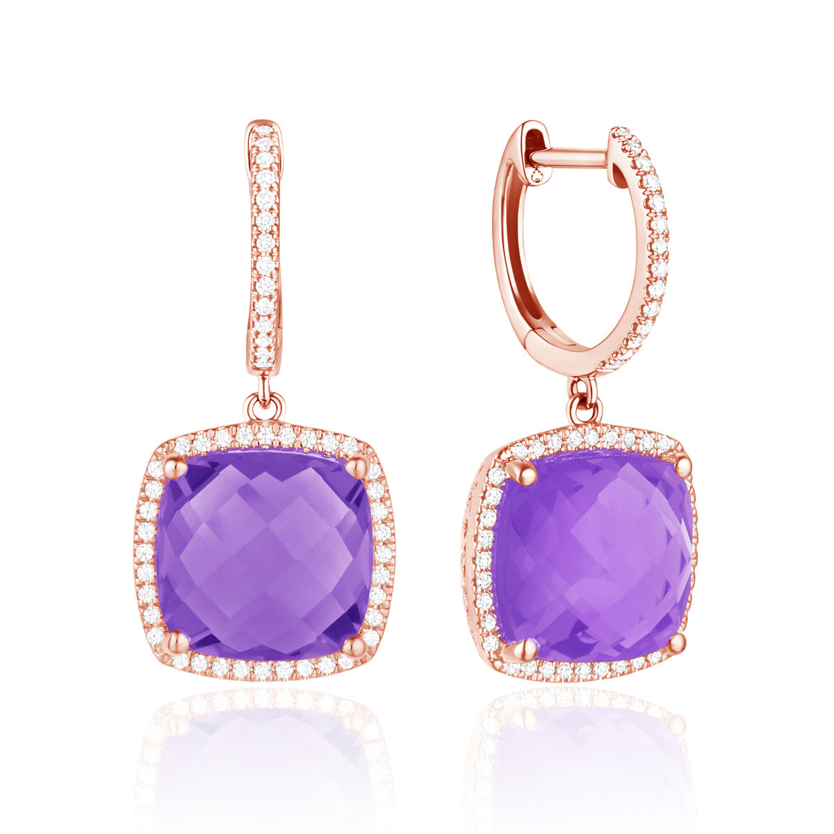 Checkerboard Cushion earrings, cushion gemstones for a pop of color with diamond halo