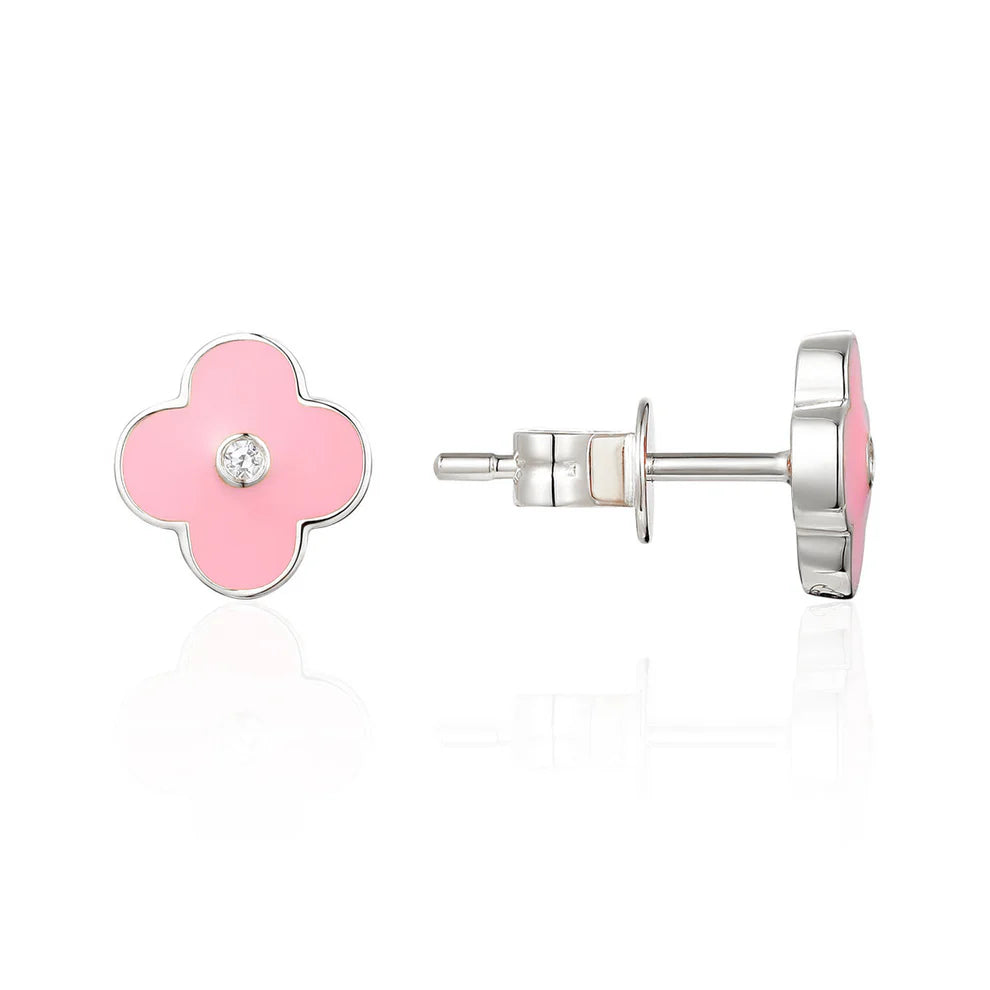 Enamel studs with a clover design. Diamond in its center for a stylish shine. 