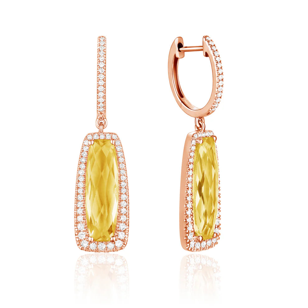 Dangle Gemstone Earrings with a halo of diamonds illuminating the playful gem for any special event