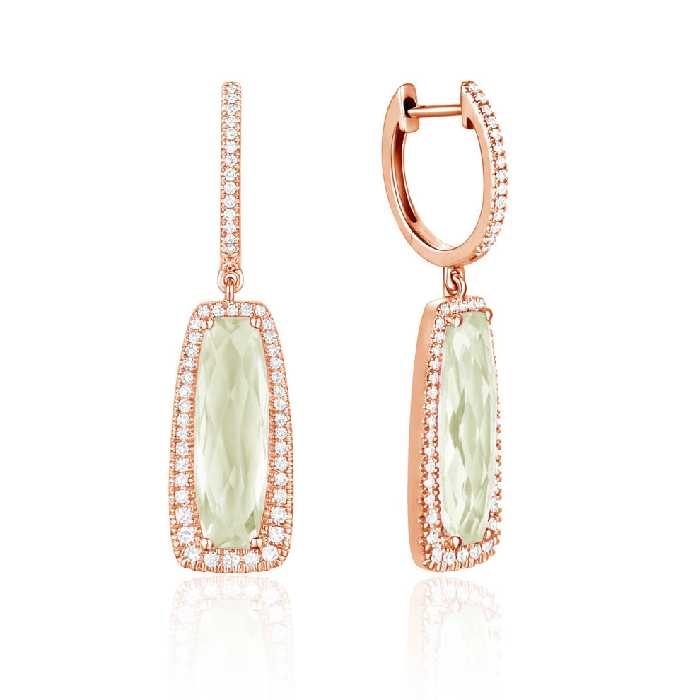 Dangle Gemstone Earrings with a halo of diamonds illuminating the playful gem for any special event