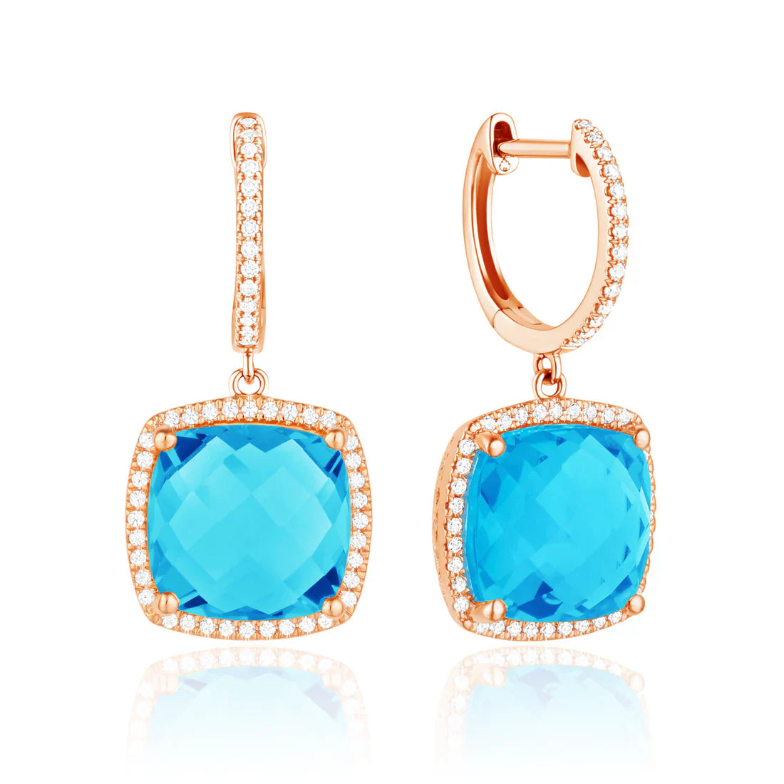 Checkerboard Cushion earrings, cushion gemstones for a pop of color with diamond halo