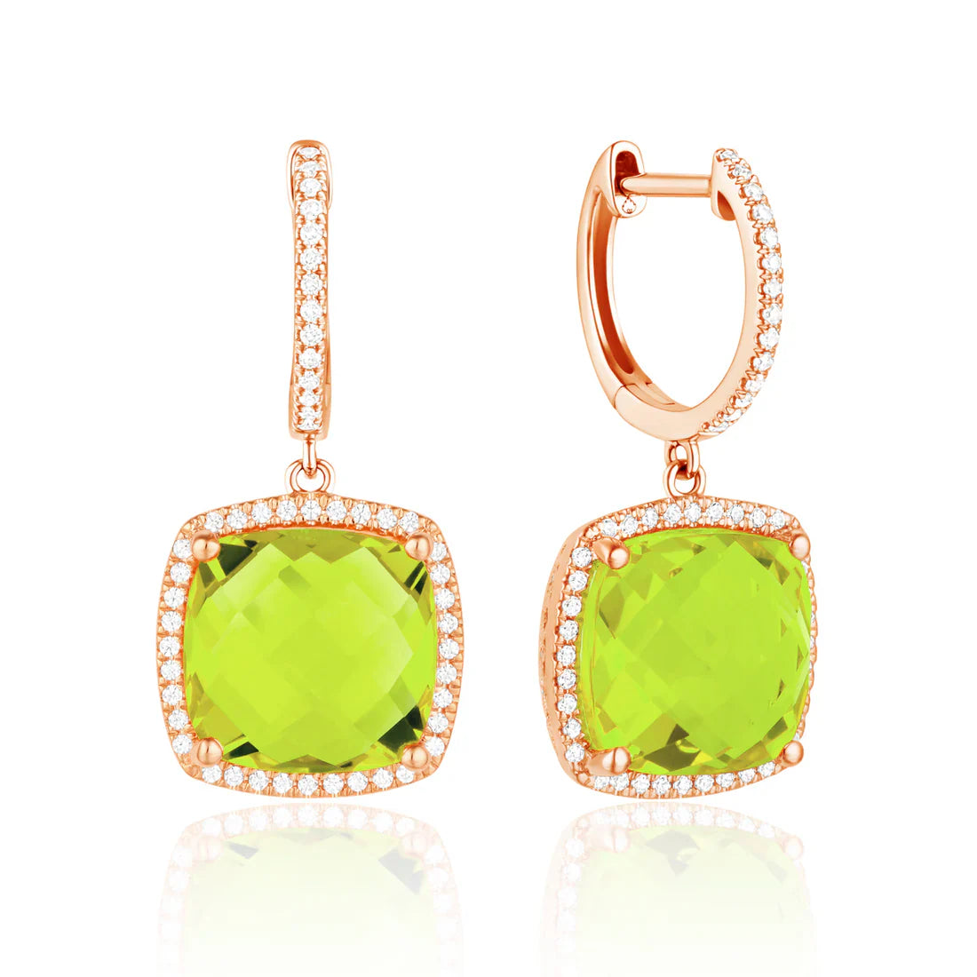 Checkerboard Cushion earrings, cushion gemstones for a pop of color with diamond halo