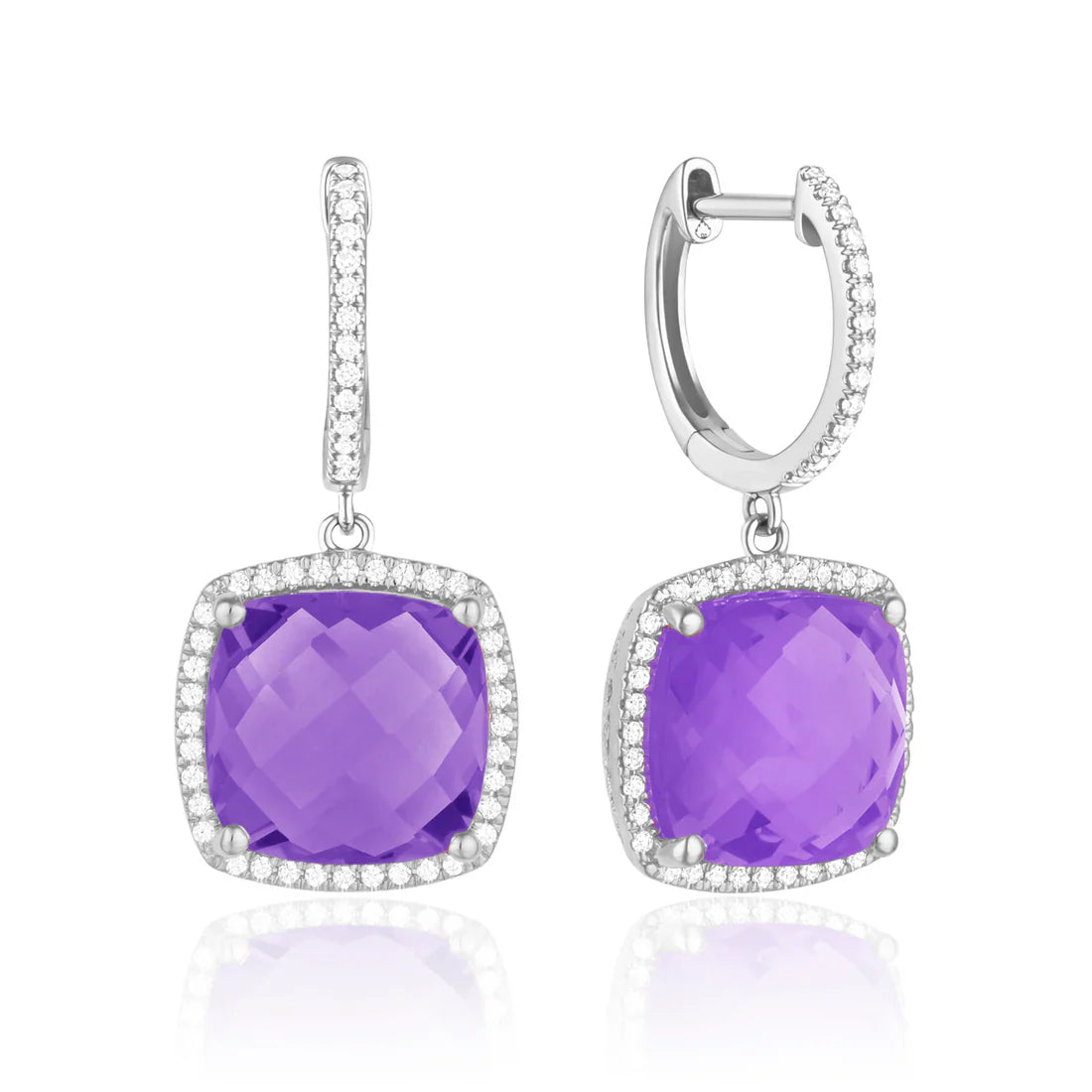 Checkerboard Cushion earrings, cushion gemstones for a pop of color with diamond halo