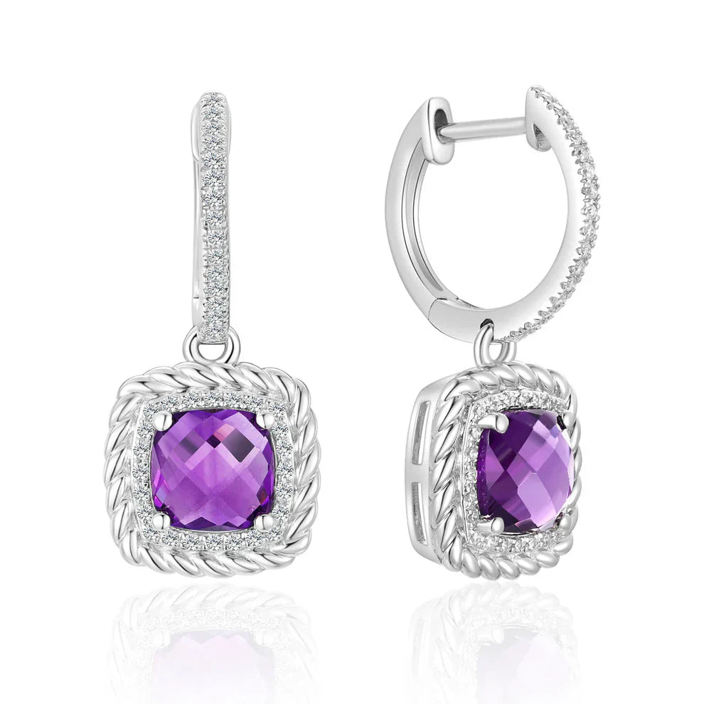 Braided Cushion Cut Earring, gemstone surrounded by a halo of pave diamonds and braided perimeter