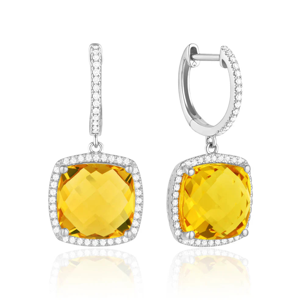 Checkerboard Cushion earrings, cushion gemstones for a pop of color with diamond halo