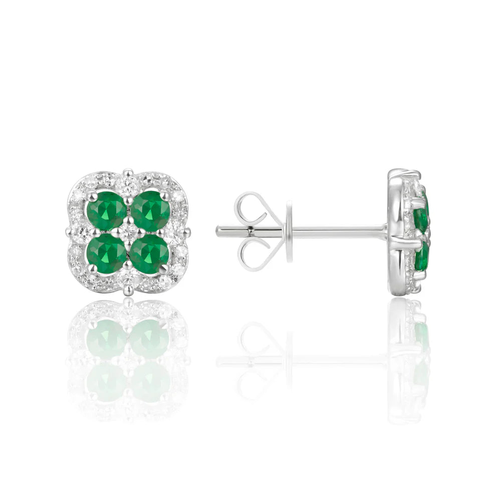 Inspired clover studs with precious stones allured with diamonds in a dazzling halo.