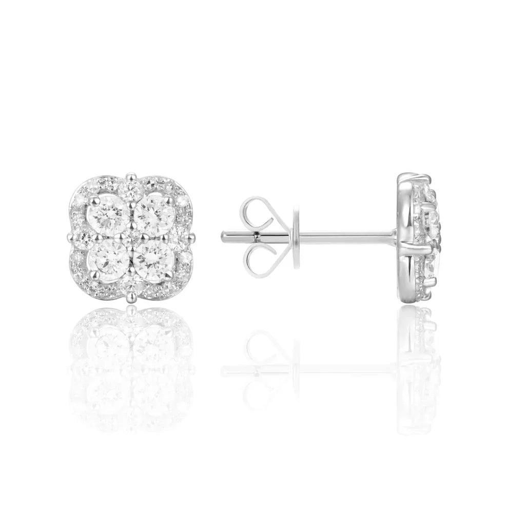 Inspired clover studs with precious stones allured with diamonds in a dazzling halo.