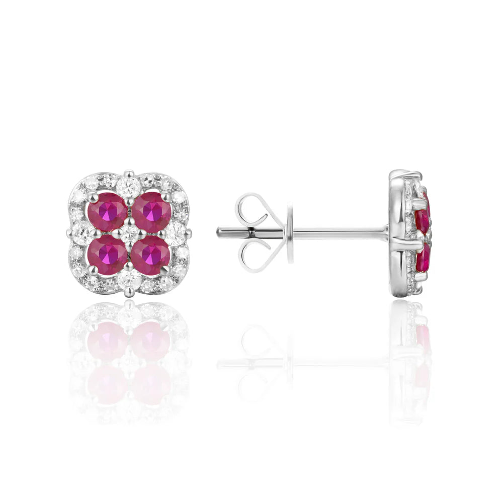 Inspired clover studs with precious stones allured with diamonds in a dazzling halo.