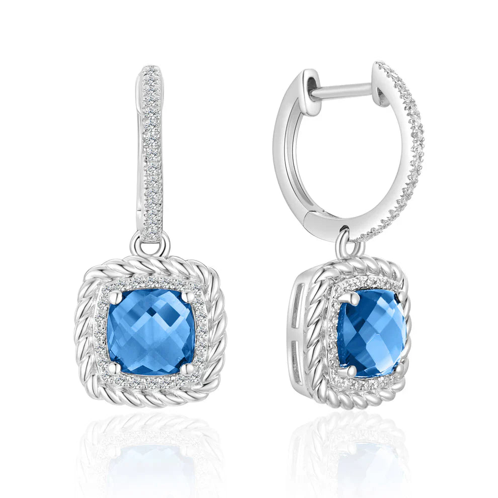 Braided Cushion Cut Earring, gemstone surrounded by a halo of pave diamonds and braided perimeter