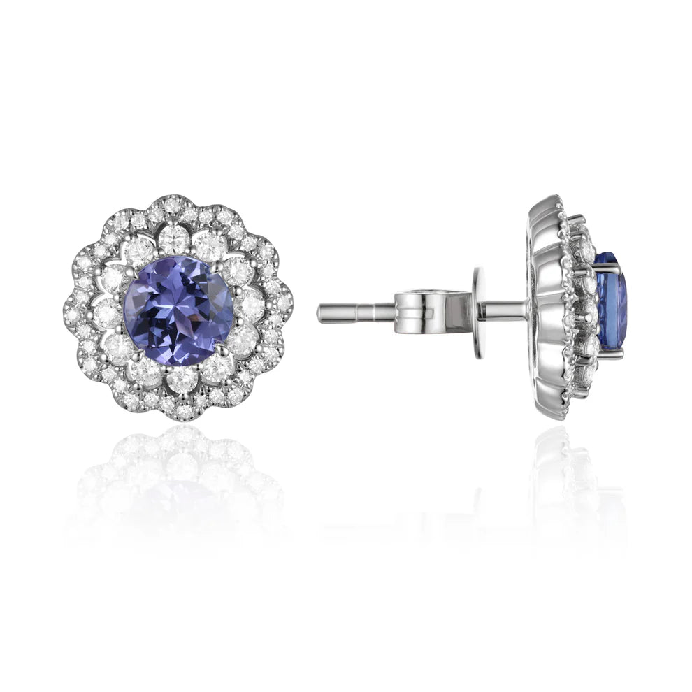 Inspired bloom studs with a charming precious stone surrounded by diamonds. Stunning jewelry