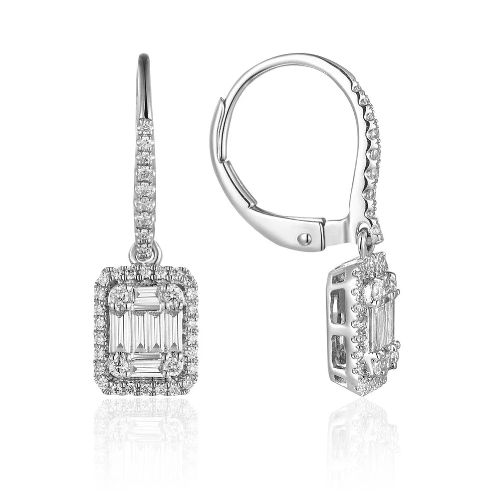 Baguette Diamond Leverback earrings. Easy to wear, sturdy and secure with shimmering diamonds. 