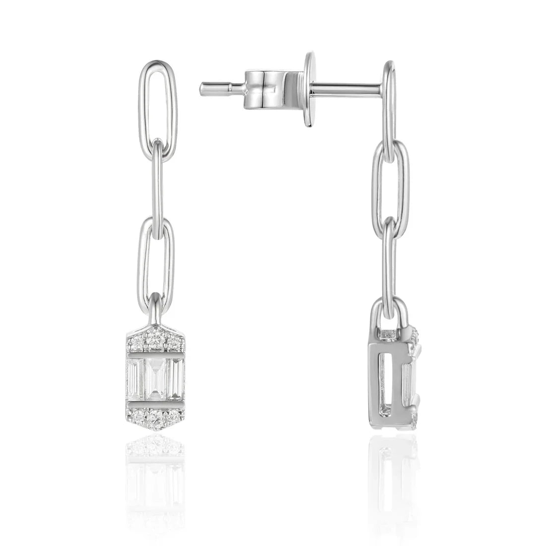 Chain Baguette Drop Earrings,  baguette-cut gemstones and delicate chain drop design.