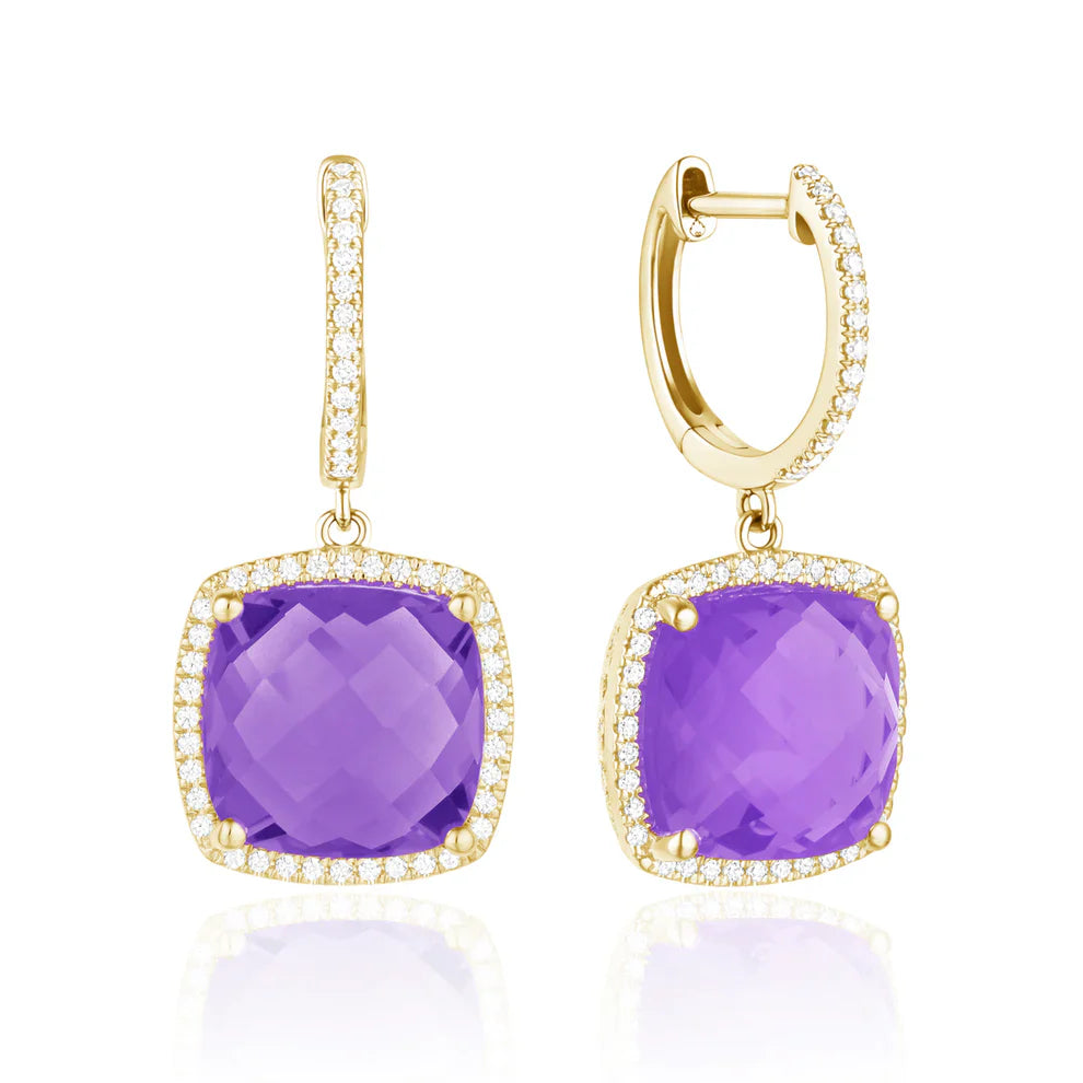 Checkerboard Cushion earrings, cushion gemstones for a pop of color with diamond halo