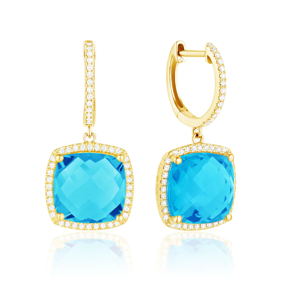 Checkerboard Cushion earrings, cushion gemstones for a pop of color with diamond halo