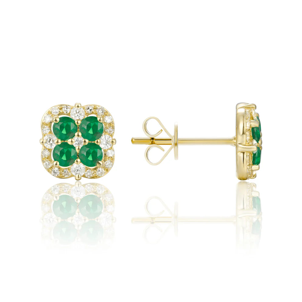 Inspired clover studs with precious stones allured with diamonds in a dazzling halo.