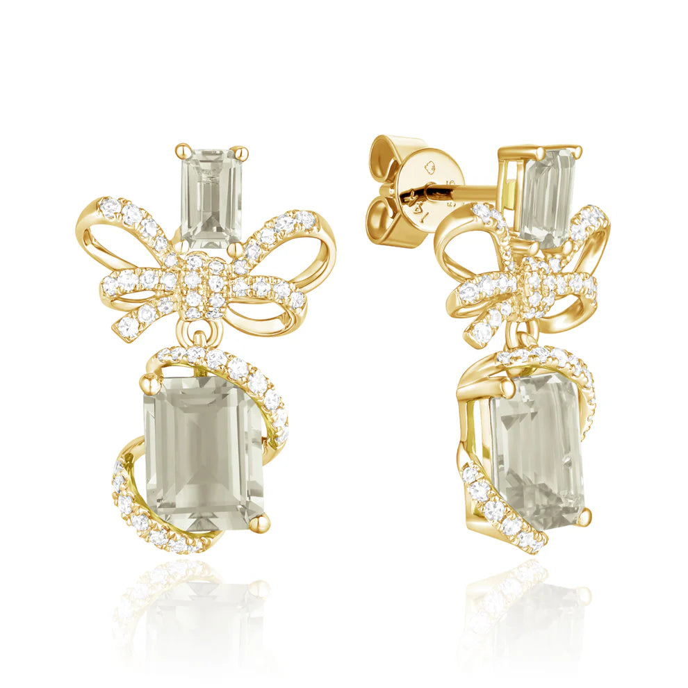 Bow Wrap Drop Earrings with radiant gemstones. Bows with glimmering diamonds and variety of gems. 