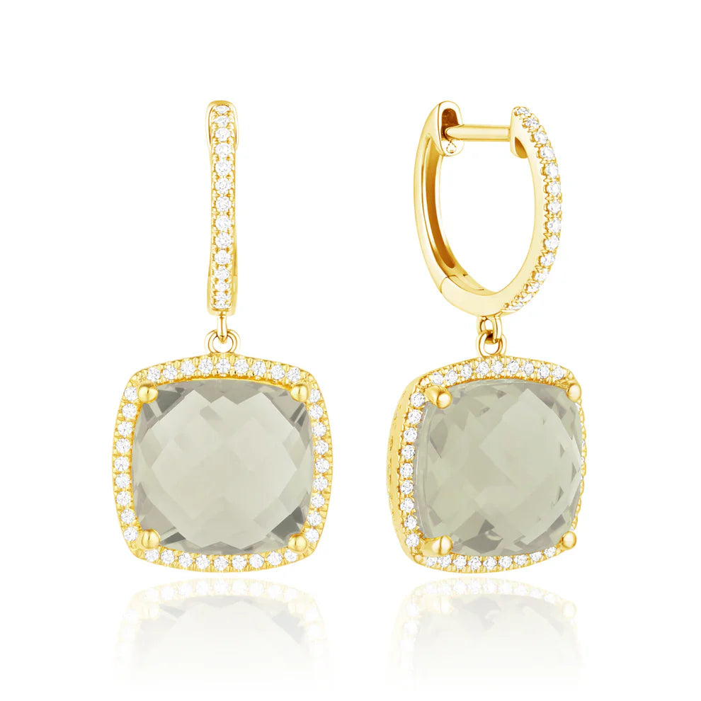 Checkerboard Cushion earrings, cushion gemstones for a pop of color with diamond halo