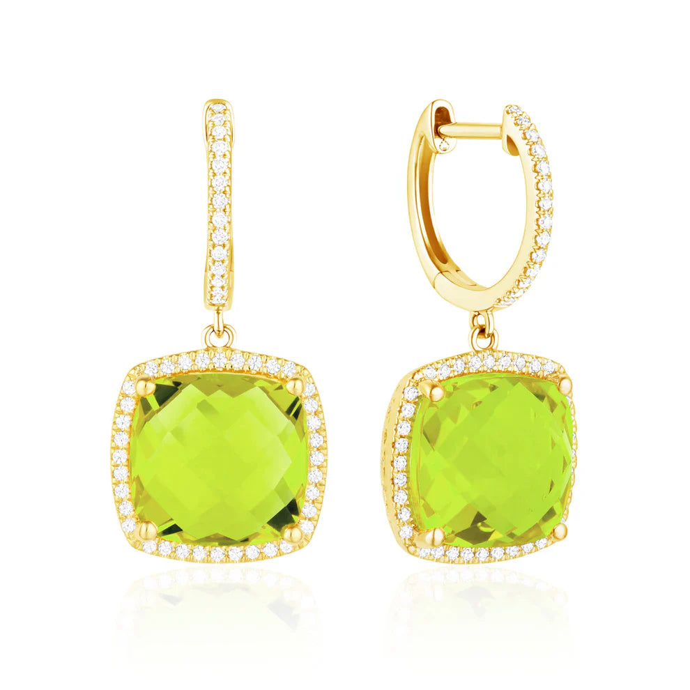 Checkerboard Cushion earrings, cushion gemstones for a pop of color with diamond halo