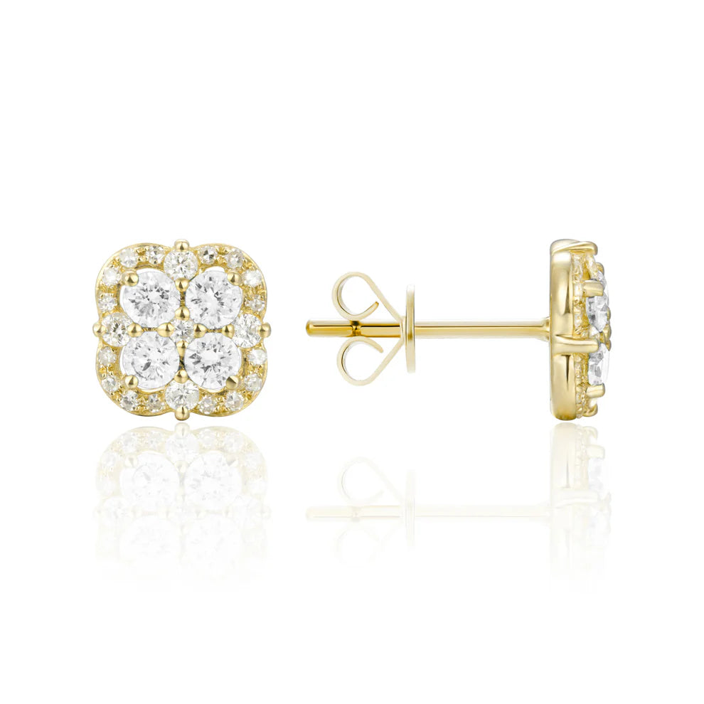 Inspired clover studs with precious stones allured with diamonds in a dazzling halo.