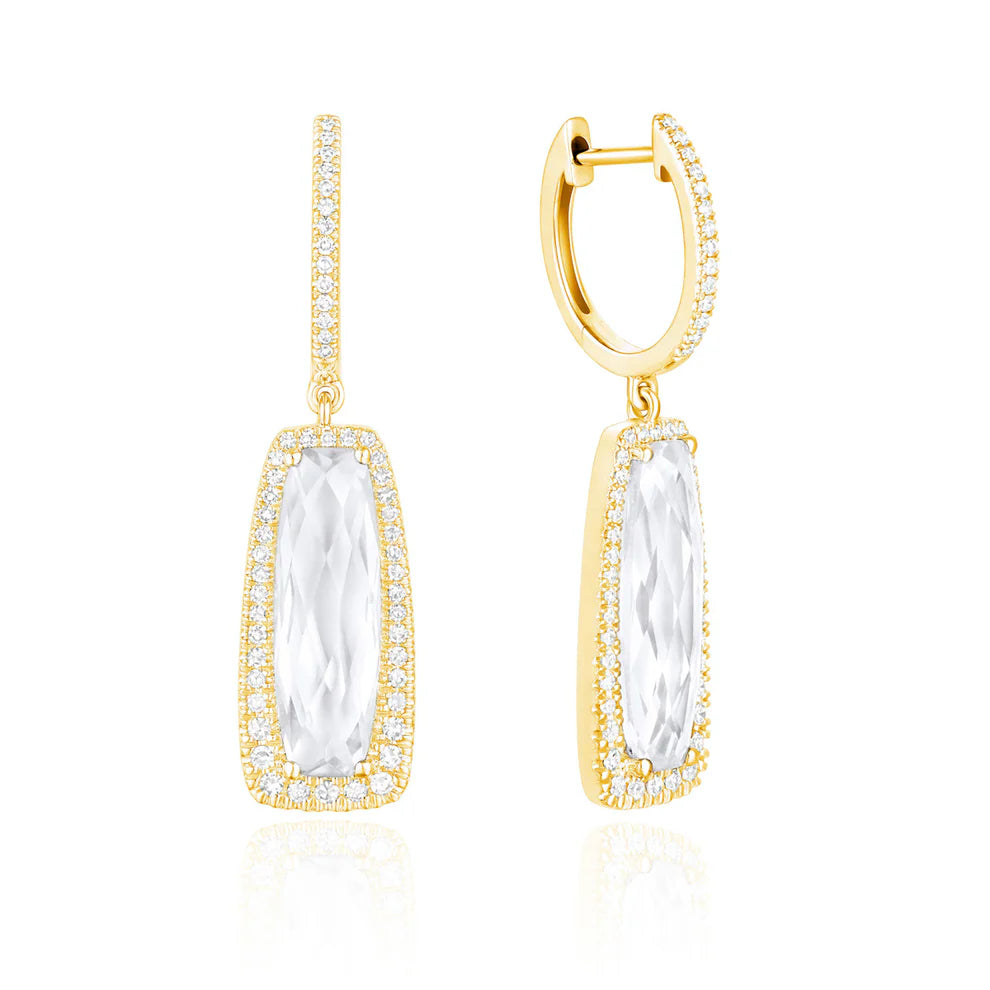 Dangle Gemstone Earrings with a halo of diamonds illuminating the playful gem for any special event