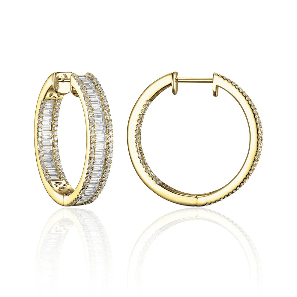 Versatile hoop, an inside-out style. Baguette diamond has been set on the inside. A modern look.