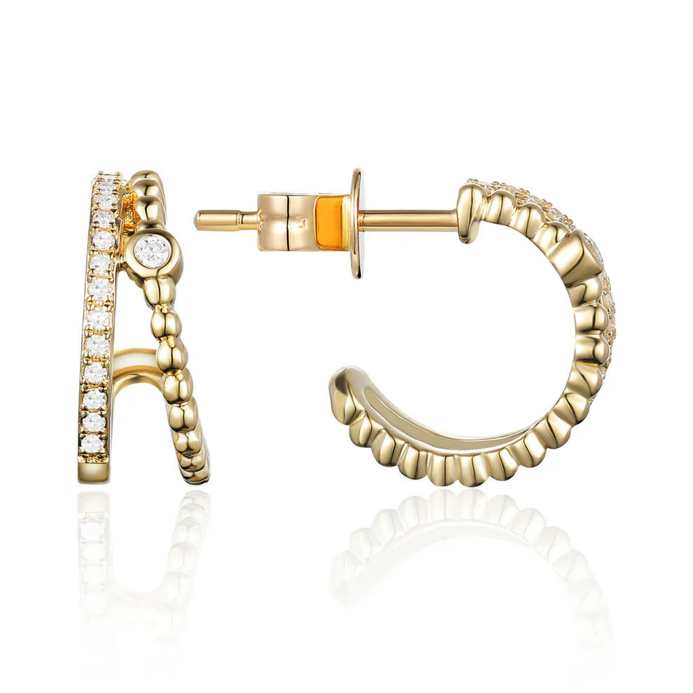 Double huggie earring adorned with beaded accents and diamonds. Secure and perfect size for everyday