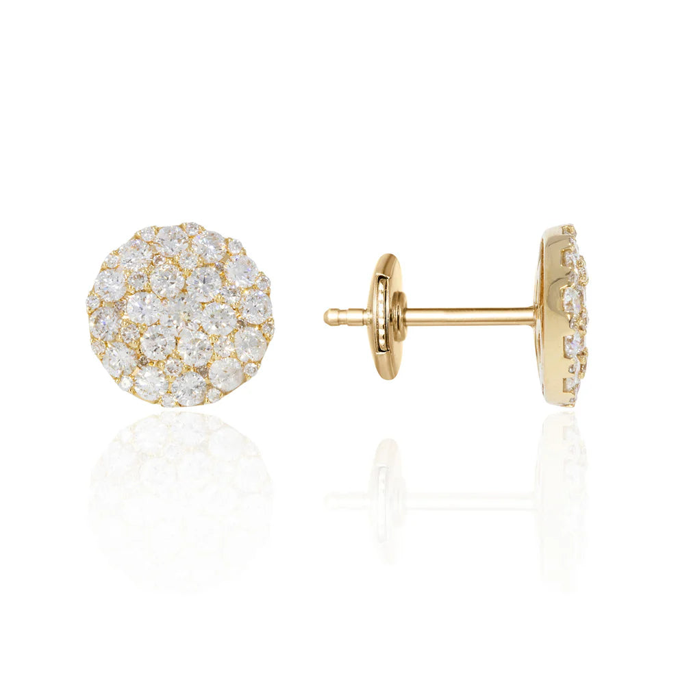 Cluster earrings feature a classic round diamond shape, held together with a platinum prong setting.